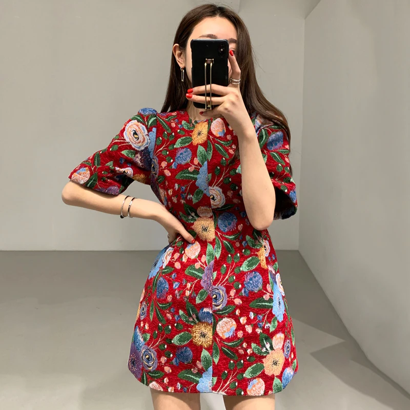 

[EWQ] 2020 Spring New Tengtu Small Flower Round Neck Ladies Red Dress Korean Style Slim Short Sleeve Dresses QZ16605S