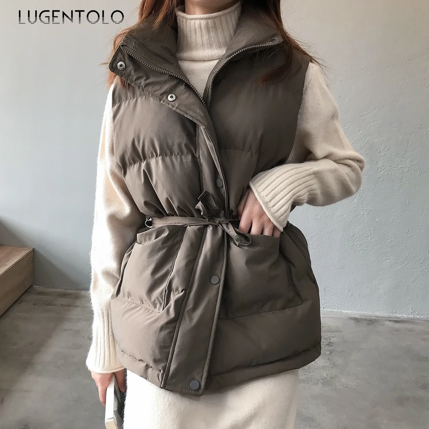 Lugentolo, женский жилет, зимнее теплое пальто, новинка, стоячий воротник, свободный, однотонный, хлеб, одежда, утолщенная, шнуровка, Повседневный, для девушек, простой жилет