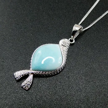 

High Quality 925 Sterling Silver Natural Dominica Larimar Sea Life Fish Pendant Necklace For Women Gift