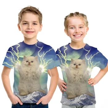 

baby boy clothes 3d-printed white lightning cat kids T-shirt boys and girls cool and funny cat 4t-14t kids T-shirt