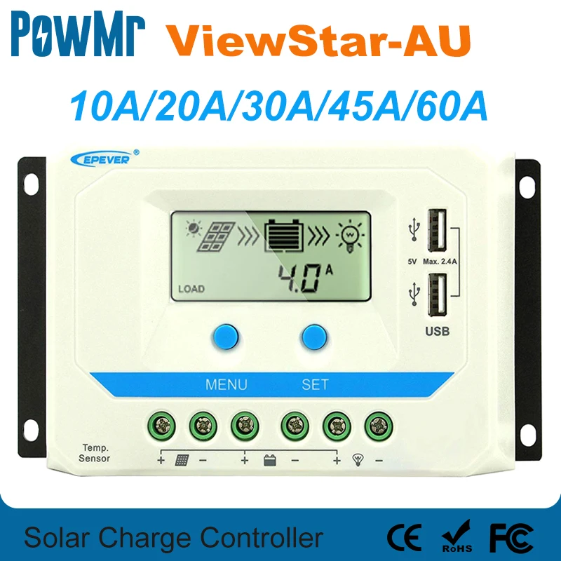 EPever 60A 45A 30A 20A 10A Solar Charger Controller 12V 24V Auto Backlight LCD Solar Panel Regulator Dual USB ViewStar-AU Series