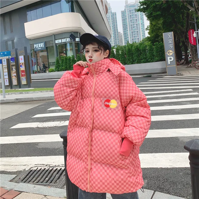 BF стиль, женская зимняя хлопковая клетчатая парка Harajuku, съемная, с капюшоном, с подкладкой, длинная, свободная, женская уличная одежда, зимнее пальто, зимняя куртка, женщины Плед Парка