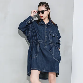 

Women Blue Drawstring Big Size Denim Dress New Long Sleeve Loose Fit Fashion Spring Autumn 2020 High Street Chic Korean Dresses