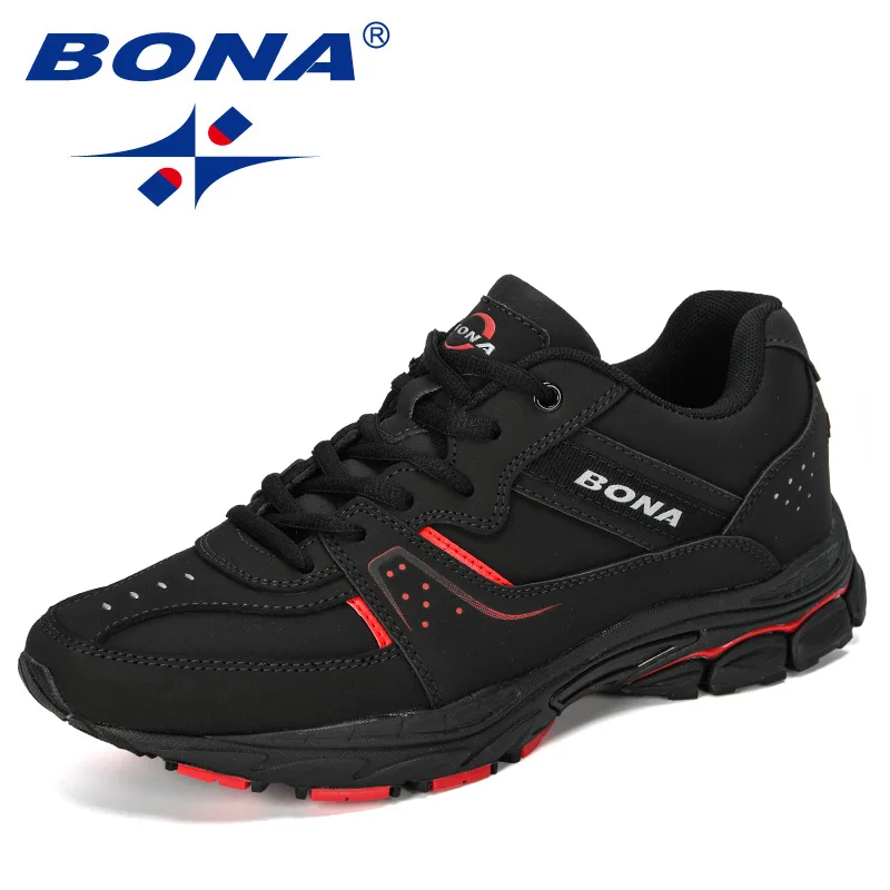 BONA Новые дизайнеры Корова Сплит Беговая уличная спортивная обувь для мужчин спортивная тренировочная обувь мужская Comfortabe - Цвет: Black red