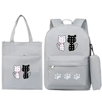 

2020 3Pcs/Set Cute Cat Backpack Travel Canvas Student Rucksack Laptop Daypack Handbag Pencil Case for College Teenager