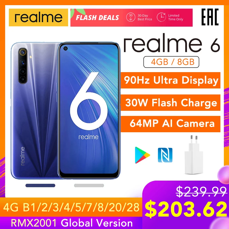 realme 6 Global Version Mobile Phone 4GB 8GB RAM 128GB ROM 30W EU Flash Charge 4300mAh Helio G90T 64MP Camera NFC Play Store realme 6 Global Version Mobile Phone 4GB 8GB RAM 128GB ROM 30W EU Flash Charge 4300mAh Helio G90T 64MP Camera NFC Play Store