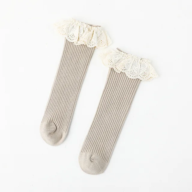 Baby Girls Knee High Socks Long Kids Soft Cotton Lace Stuff Princess Children Sock Ruffle 0-8 Years Leg Warmers Cute Girl Socks Light Grey