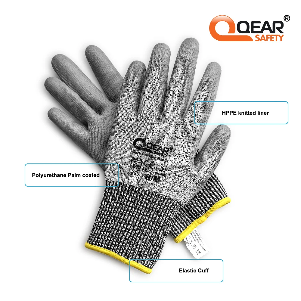 Anti Cut Gloves 3 Pairs QearSafety Cut 3 HPPE Yarn Work Safety Gloves Thin PU Palm Coated Anti-slip Assembling Jobs