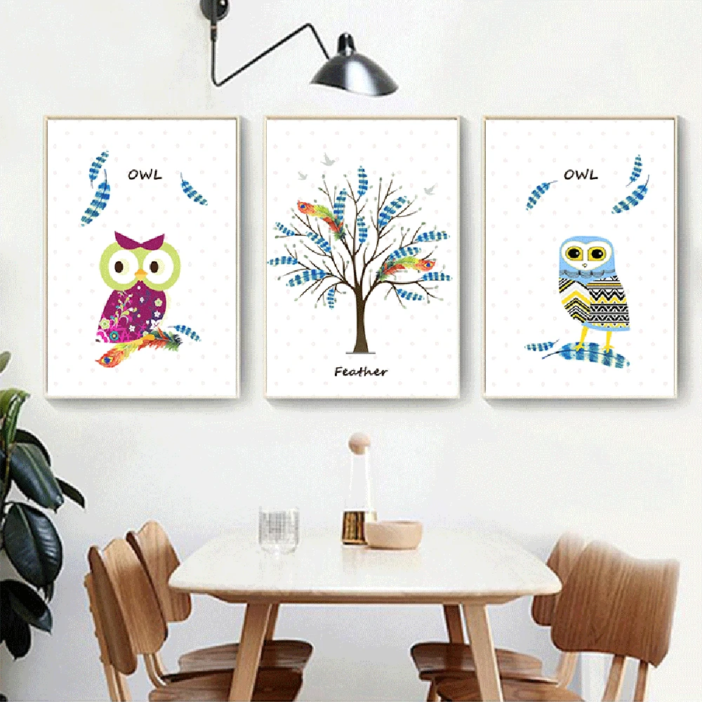 Modern Nordic Contracted Small And Fresh Hand-drawn Cartoon Owl Feather Canvas Painting For Living Room Wall Picture | Дом и сад