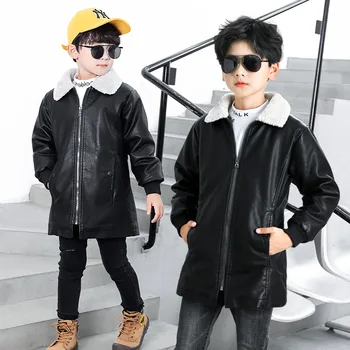 

2020 Autumn Winter Boys Leather Jacket Children's Korean Plus Velvet Warm Coats Big Kids Print Mid-length Leather Outwear