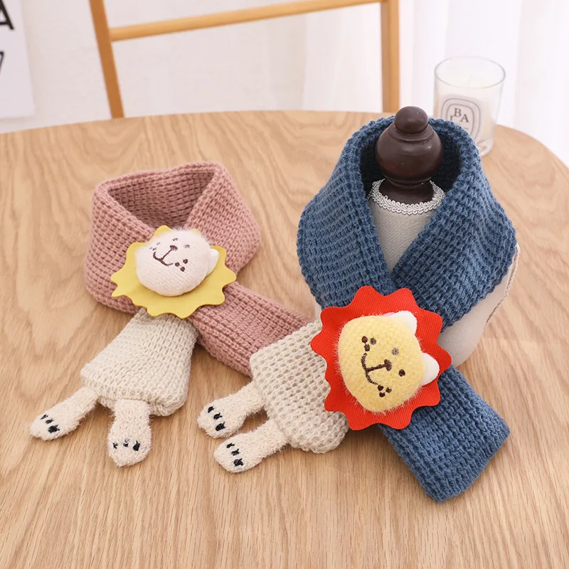 Kids Cartoon Knit Scarves Collar Thickening Scarf Baby Boys Girls Winter Knitted Clothes Cartoon Lions Shawls Scarves 66cm