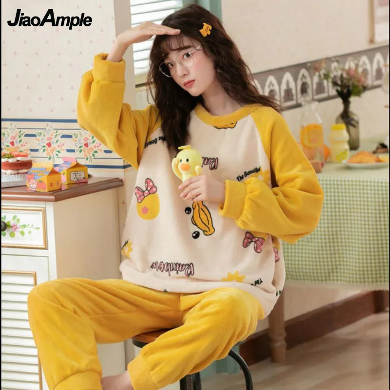 2021 Winter New Coral Velvet Pajamas Women's Long-sleeved Trousers Pijamas Two-piece Korean Cute Cartoon Sleepwear Set