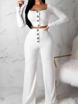

Autumn Women's 2 Piece Outfits Button Square Collar Long-Sleeve Slim Straight Pants Two Piece Knitted Sexy Female Clothing Set