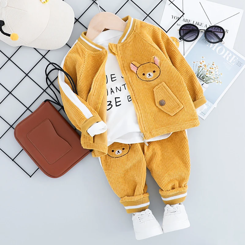 Детский костюм г. Новая осенняя одежда для мальчиков вельветовый комплект из 3 предметов с рисунком медведя, Детская куртка, футболка+ брюки, костюм
