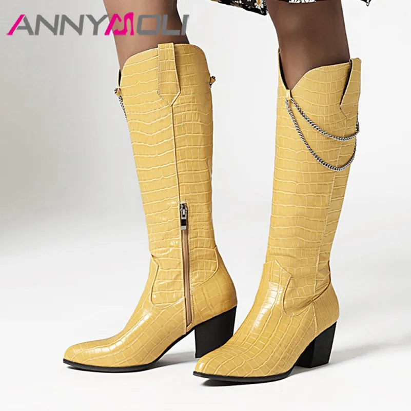 

ANNYMOLI High Heel Woman Boots Pointed Toe Knee High Boots Chunky Heel Shoes Zip Female Long Boots Autumn Winter White Size 46