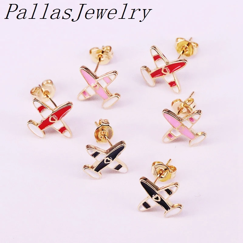 10Pairs Pink White Black Red Enamel Cute Aircraft Gold Color Stud Earrings For Women Gift New Fashion Jewelry 13*12mm