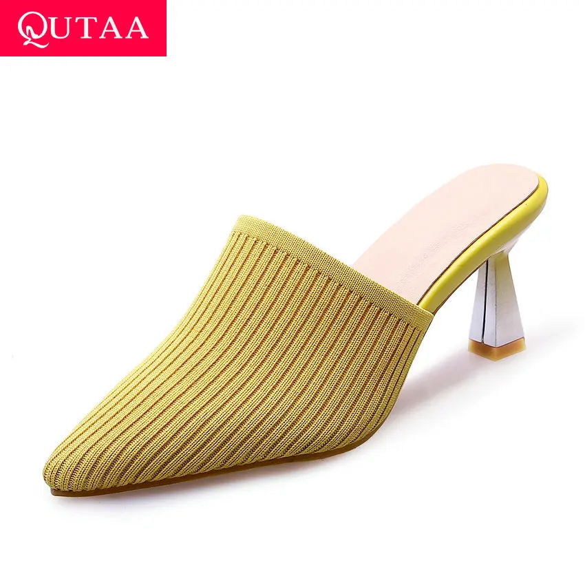 

QUTAA 2020 Knitting Sexy Pointed Toe Slingback Slip on Women Shoes Fashion Hoof High Heel Summer Ladies Sandals Big Size 34-43