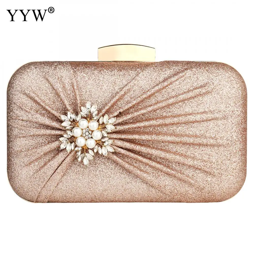 rose gold color Жемчужный Свадебный клатч для вечеринки Сумочка Серебряная Женская сверкающая сумочка со стразами цепочка с рюшами сумка через плечо - Цвет: rose gold color