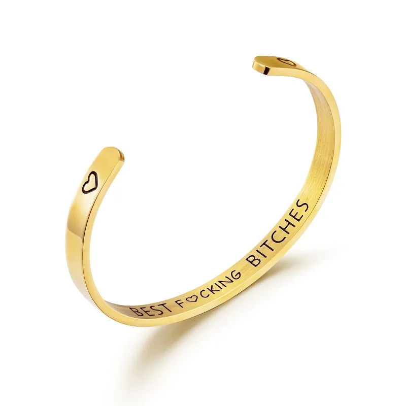 6mm Letters Engraved Best Bitches Bracelet Cuff Open Stainless Steel for Women Ladybro Friends pulseira Gift Jewelry | Украшения и