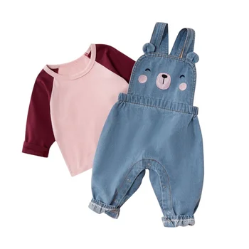 

New Children Spring Autumn Color Matching Long Sleeve Blouse Casual Tops+Denim Bib Pants