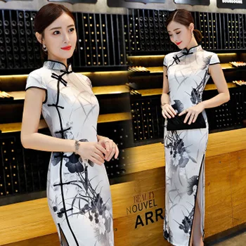 

Rayon Satin Silk Chinese Cheongsam Women Retro Vintage Print Dress Classic Long Chinese Style Qipao Dress Qi Pao 2020 Summer