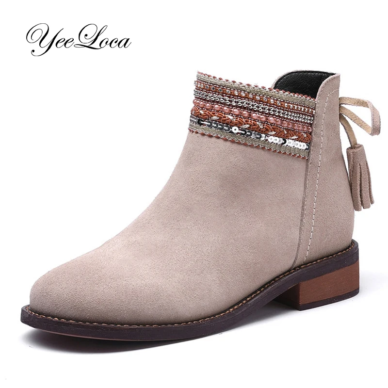 

2019 Ladies Chelsea Boots Winter Cow Suede Leather Embroidery Women Ankle Boots Flats Low Heel Side Zipper Booties Short Plush