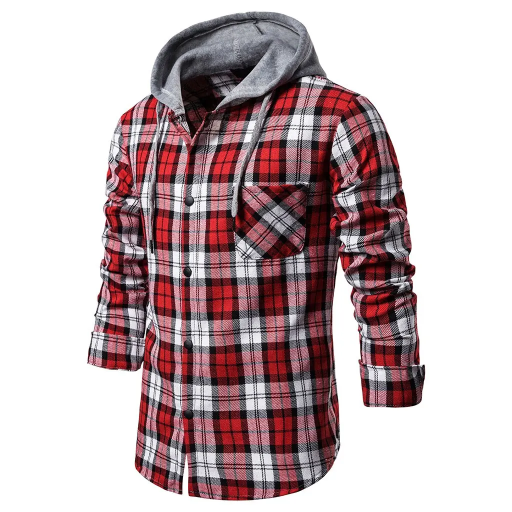 Осень 2019 Мужская рубашка с капюшоном Повседневная Тонкая Клетчатая Camisa Masculina