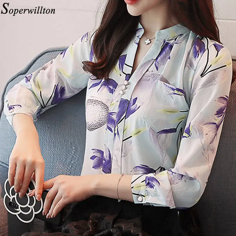 Женская шифоновая блузка с длинным рукавом принтом|Блузки| |