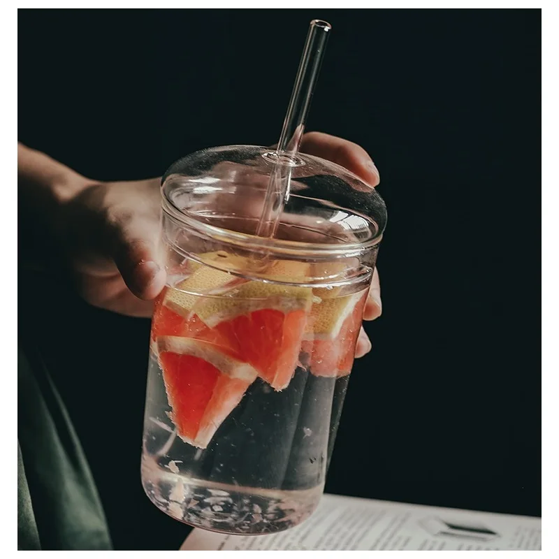크리 에이 티브 유리 컵 커피 차 음료 우유 차 물 컵 유리 커버 유리 빨 대 마시는 컵 간단한 디자인