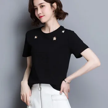 

2020 new round neck hollow T-shirt summer short-sleeved T-shirt women's T-shirt
