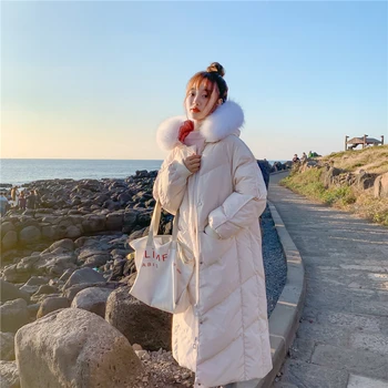 

2020 Winter Long Off-white Cotton Parka Coat Thick Warm Hooded Casual Fashion High Quality Large Fur Collar Women's Puffer Coat