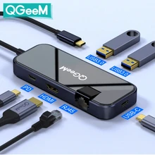 QGeeM USB C Hub Dock for Macbook Pro Air 2020 Xiaomi Multi USB Hub Type C 3.0 Splitter with Power Charger Adapter RJ45 PD Data HDMI Type C Hub for Laptop Tablets Apple iPad Pro Computer PC Accessories Docking Station
