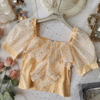 

Daisy Floral Mesh Stitching Ruffled Square Collar Chiffon Shirt Girls Ladies Cropped Shirt Puff Sleeve Blouses Blusas Mujer