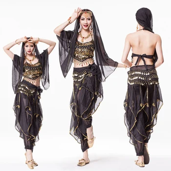 

Bollywood Dress Costume Women Set Indian Dance Sari Belly Dance Outfit Performance Clothes Chiffon Top+Belt+Skirt