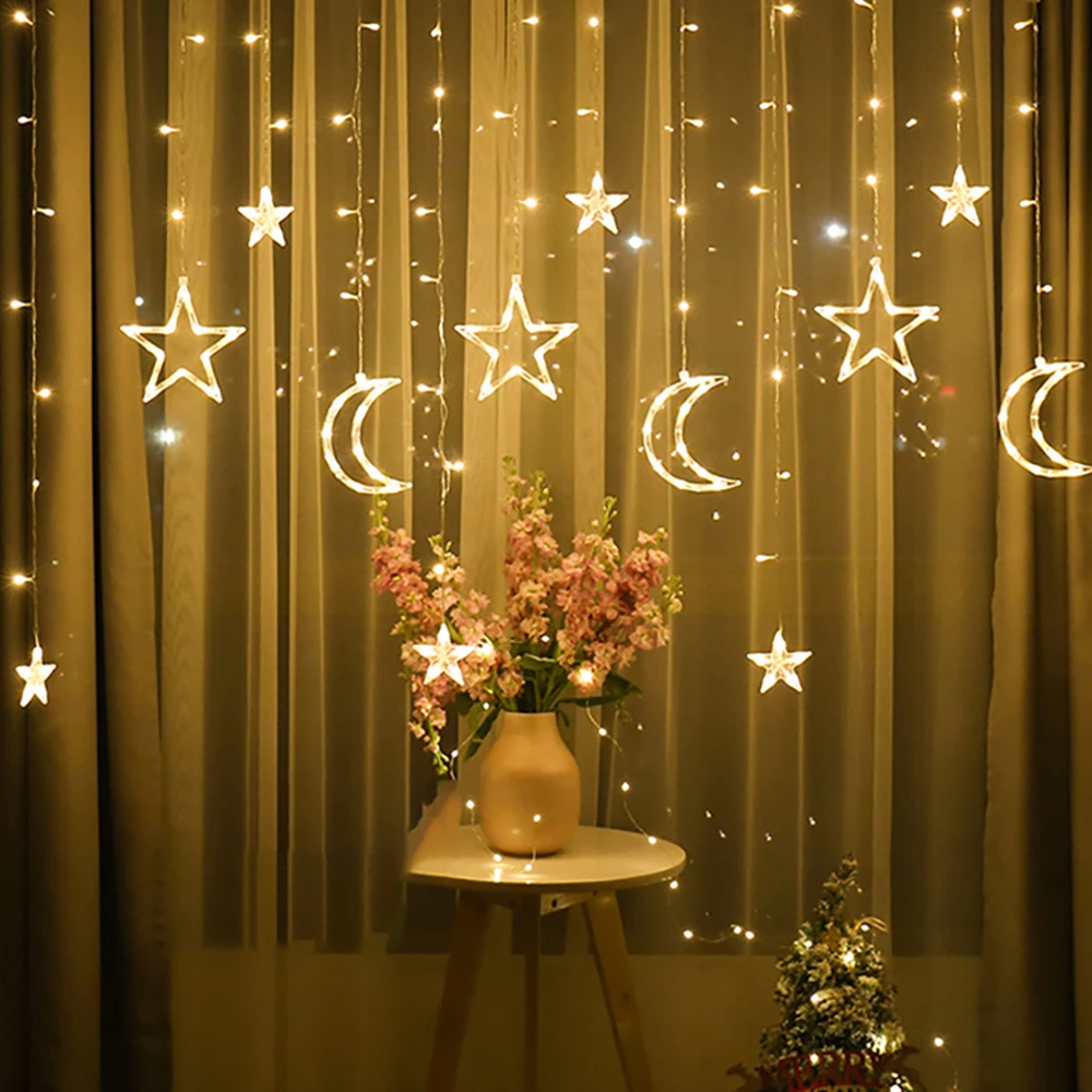 

Curtain Light Moon Star Lamp LED Lamp String Garden Romantic Moon Star Lamp String Christmas Decoration for Garden Fairy Lights