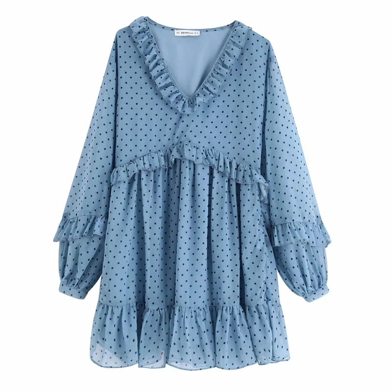 

Dot Printing Women V Neck Cascading Ruffle Chiffon Mini Dress 2019 Autumn Leisure Lady Long Sleeves Loose Dresses D3588