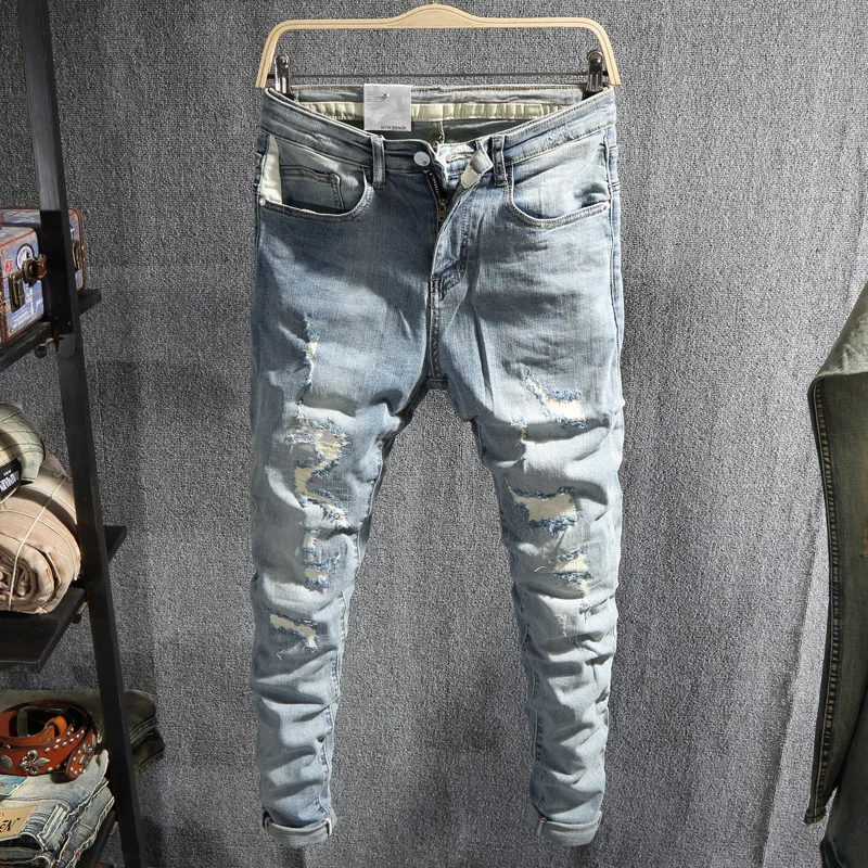 

Jeans Spring Summer Ripped Patch Jean Men Korean Style Light Blue Stretch Slim Fit Denim Pants
