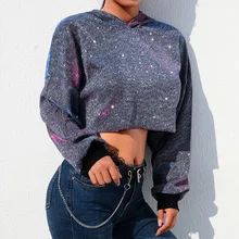 Лазерная блестящая куртка с капюшоном для бега, женский укороченный Топ с длинным рукавом, свободная толстовка, женская спортивная куртка для занятий йогой