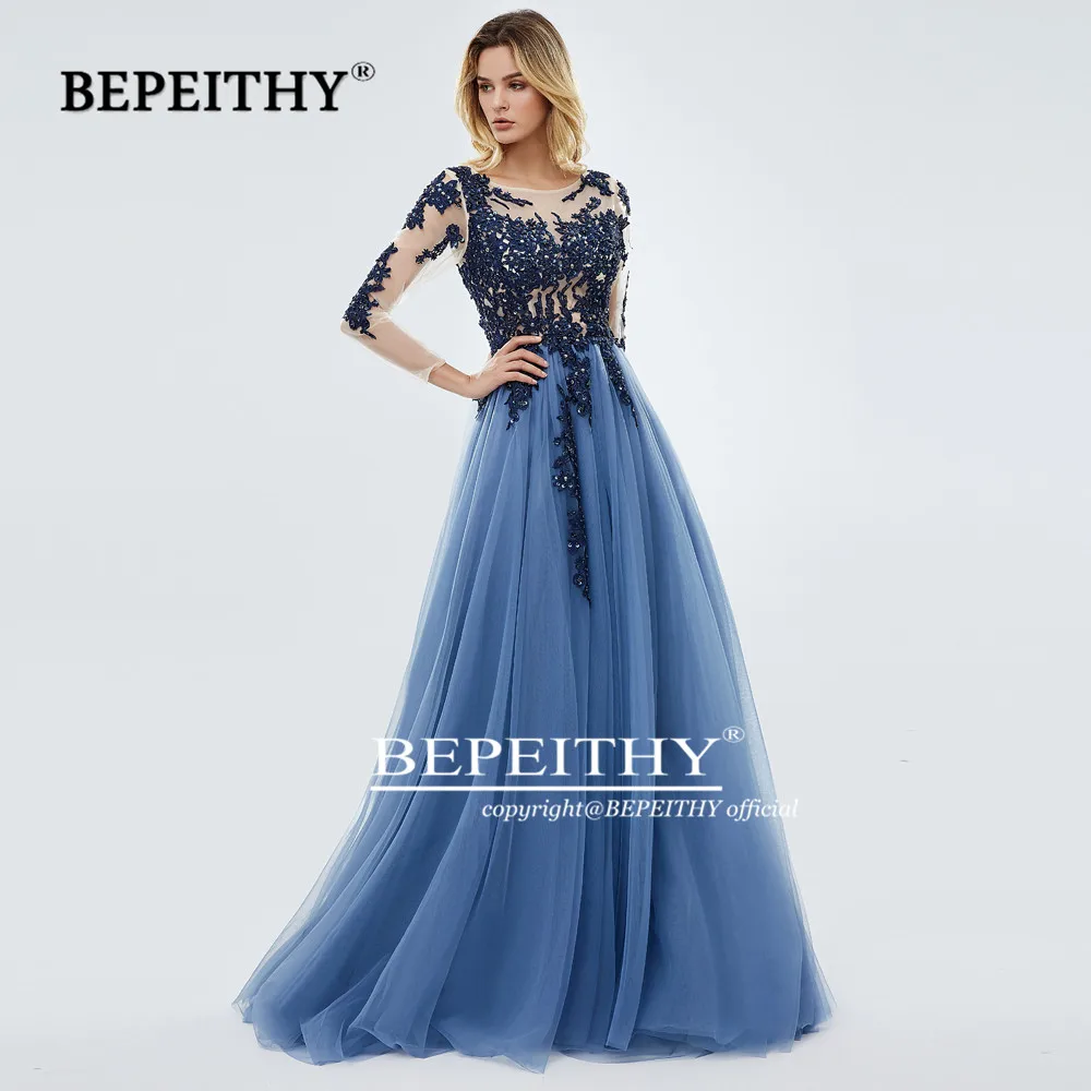 BEPEITHY синее длинное вечернее платье платья vestido de festa кружевное выпускное платье с длинными рукавами Vestido de gala - Цвет: Синий