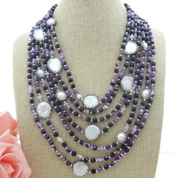 

7 Strands 20'' Purple Agate White Coin Pearl Necklace Multi Strands