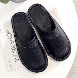 Unisex Spring 2024 Waterproof Leather Slippers - Non - Slip, Anti - Odor, Soft Sole Indoor Slides - CN45 - 46 (Black)