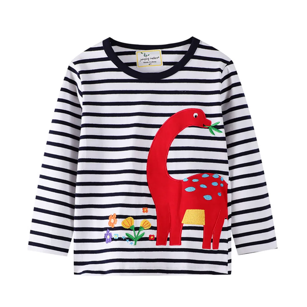

Jumping Meters Cotton Dinosaurs T shirts for Baby Boys Girls Long Sleeve Clothes Stripe Animals Applique Kids T shirts