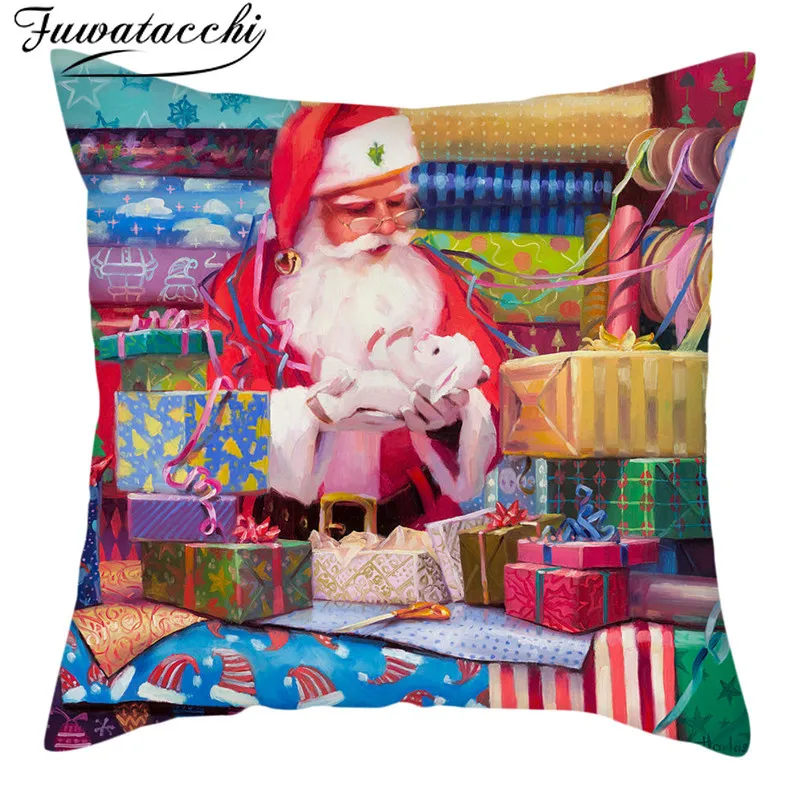 Fuwatacchi Santa Claus Printed Cushion Cover Christmas Pillow Covers Polyester Decoration Pillow Cases for Home Sofa 45X45cm