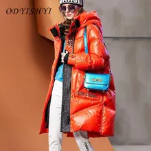

2021 Winter Fashion Shiny Hooded Jacket Women Snow Coat Parkas Casual Duck Feather Jackets Female Long Overcoat Thick Warm DH125