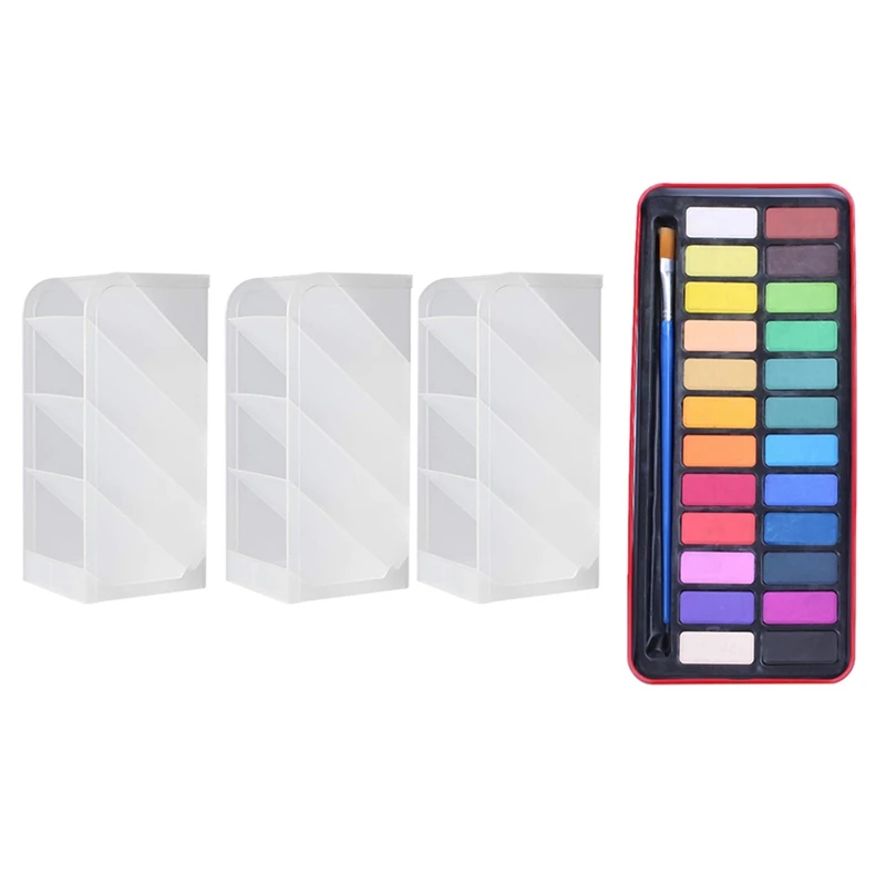 24 Colors Solid Watercolor Paint Pigments Tablet Set &amp 3x Translucent White Pen Storage Holder 12 Compartments (White) | Канцтовары