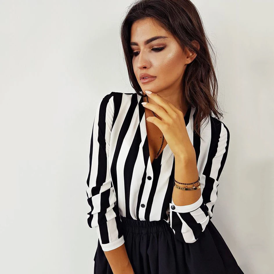 Fashion Hot Sale Summer Elegant V Neck Button Blouse OL Casual Loose Tops Sexy Women Striped Vintage Shirt