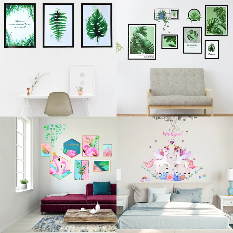 

60*90CM Living Room Bedroom Art Decoration Paintings Wall Sticker PVC Tropical Green Plant Flamingo Unicorn Poster Mural Sticker