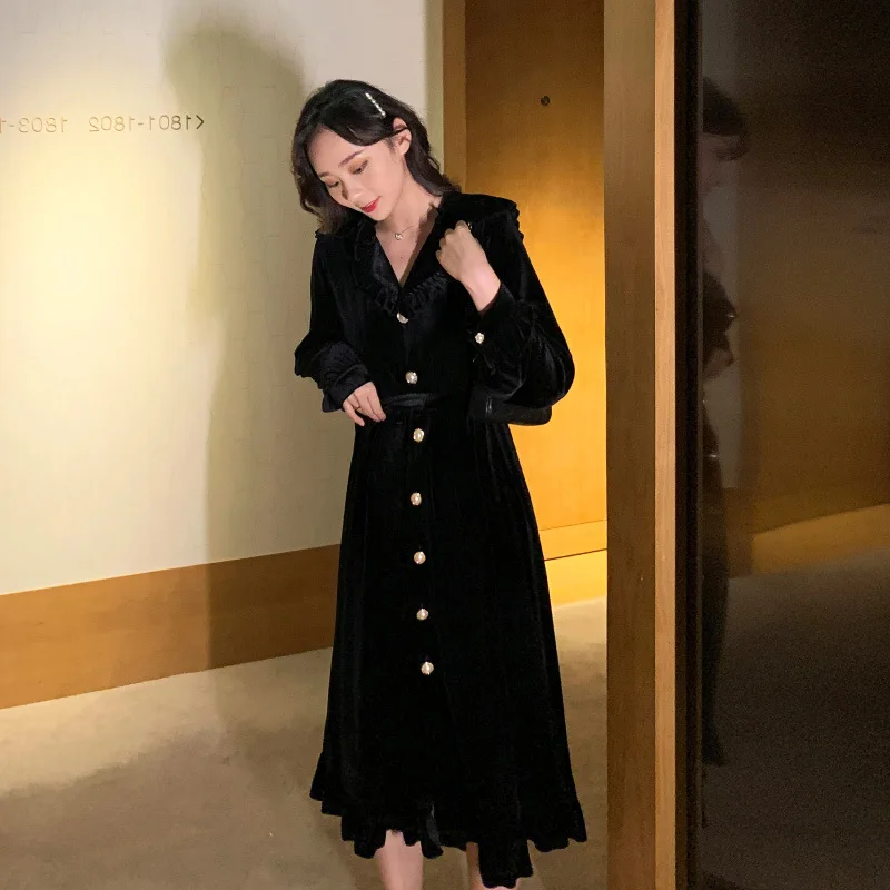 

Europe And America Western Style Long Skirts Black with Thin Look Velvet Dress 2020 Spring New Style Graceful French fu gu qun W