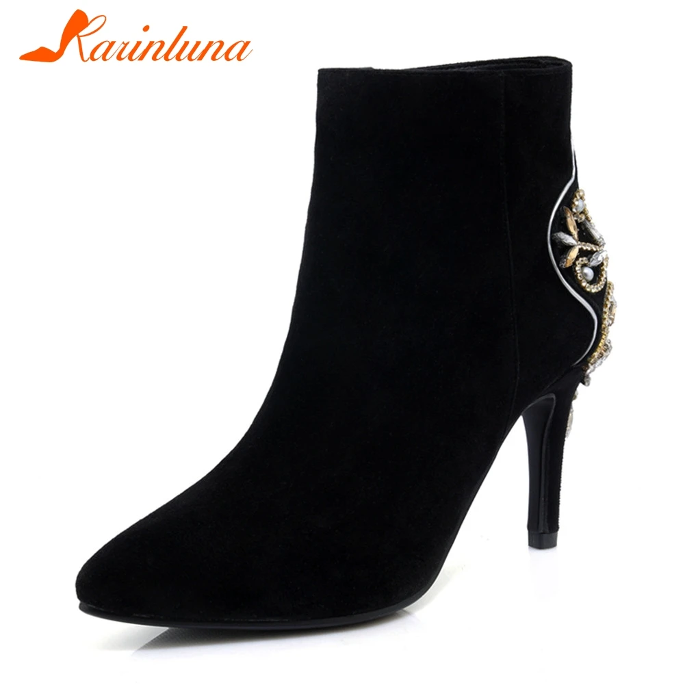 

KARINLUNA New Fashion Kid Suede Luxury Crystal Pearl Metal Decoration Shoes Woman Party Sexy High Heels Autumn Ankle Boots Women