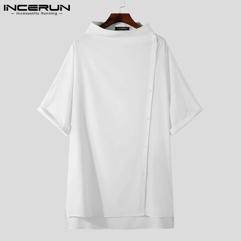 Men Casual Shirt Solid Color Turtleneck Half Sleeve Streetwear Camisa Masculina Fashion Button Up Personality Tops INCERUN men casual shirt